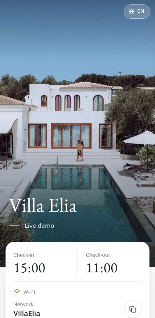 Welcome book cover with check-in times and Wi-Fi
